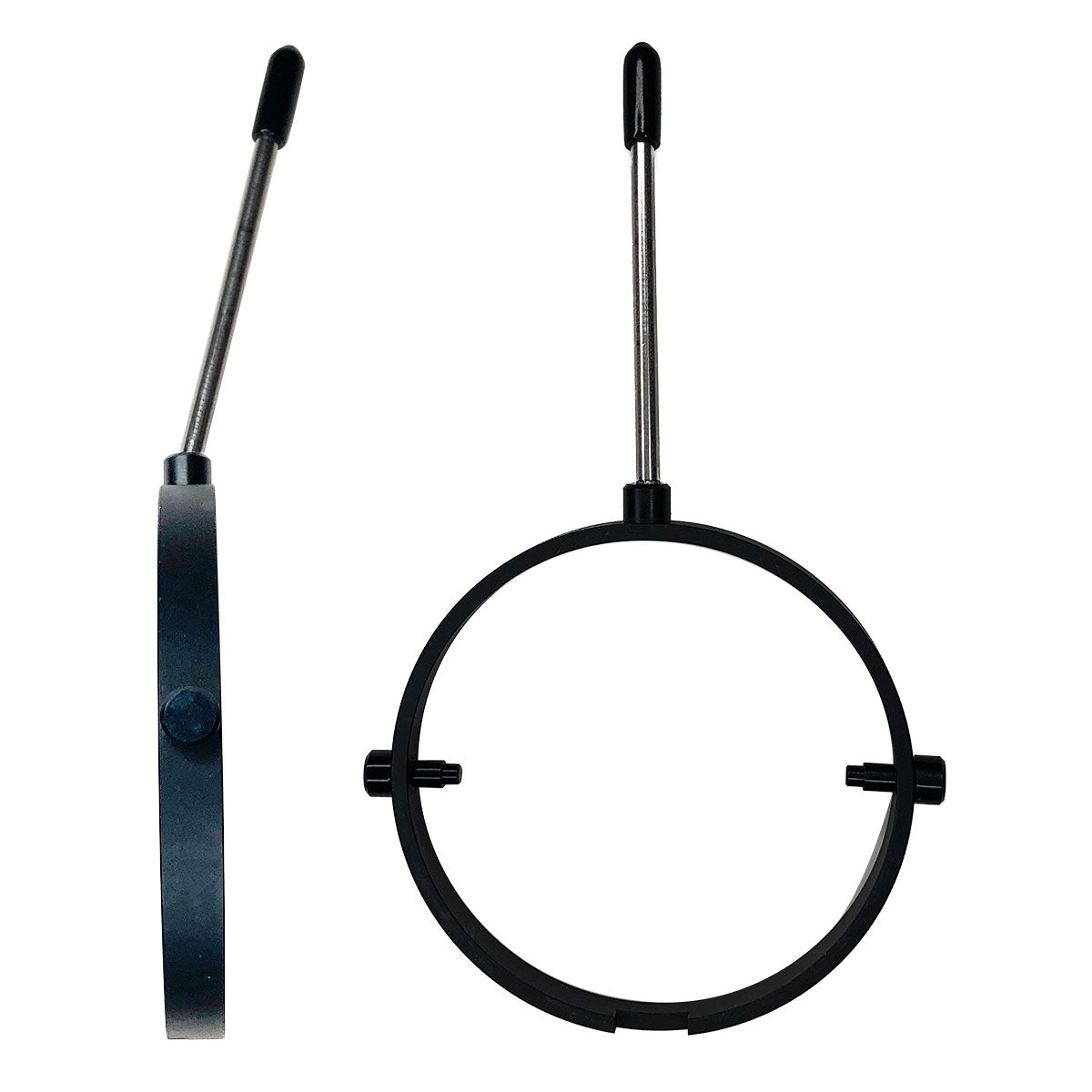 Photo of a black metal gimbal ring on a white background.