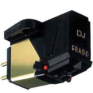 Photo of the Grado DJ phono cartridge taken from the side. The front of the cartridge says - DJ - and - GRADO - in gold letters. Photo by Jones Studio Ltd.