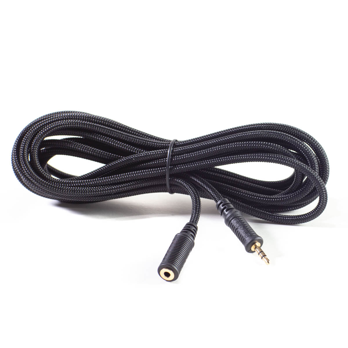 Photo of the grado mini extension cable - wrapped around itself and tied. The cable is black and on a white background.