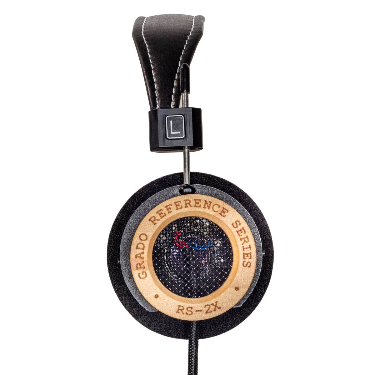A photo of the RS2x Headphones taken from the side. The outside of the wooden ear cups have the words 'Grado Reference Series' and 'RS-2x' on them.
